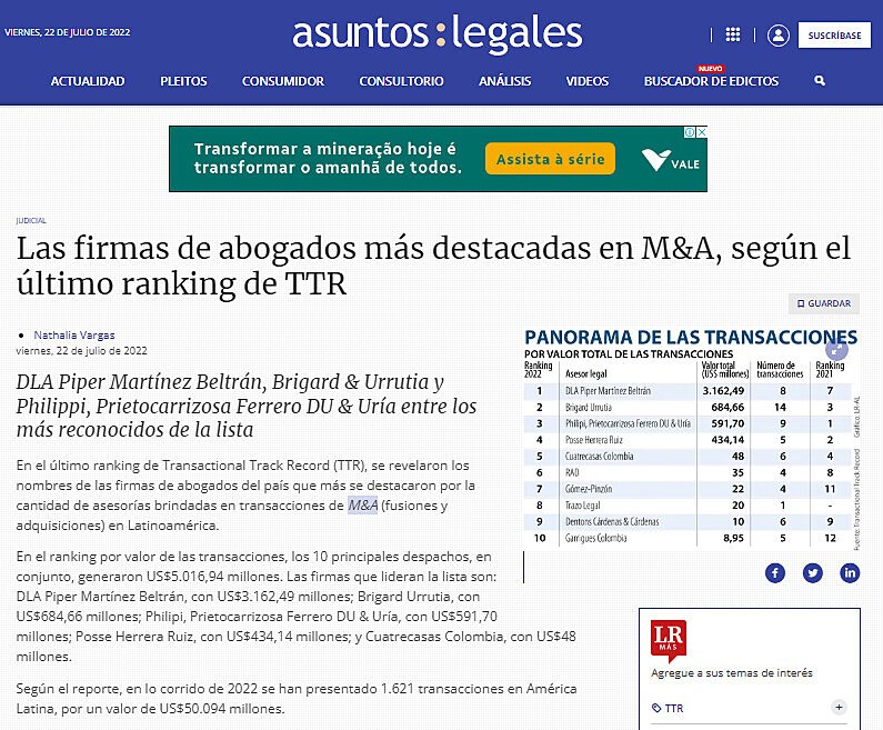 Las firmas de abogados ms destacadas en M&A, segn el ltimo ranking de TTR